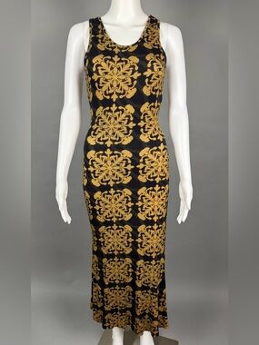 LEX BREEZY: Sleeveless Black Maxi Dress with Gold Medallion Print
